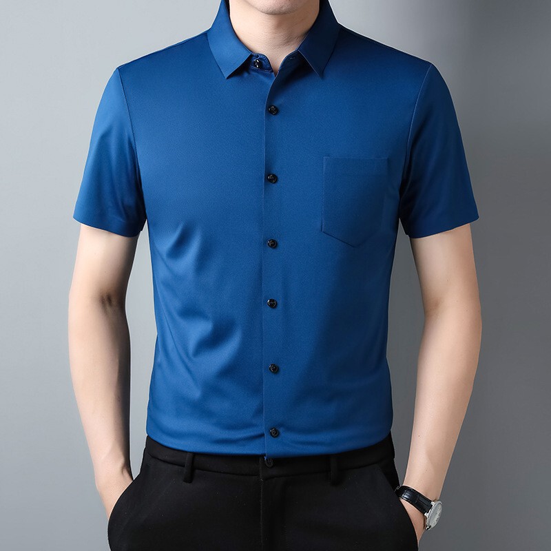 2024 Men's Short Sleeve Shirt Lapel Solid Color Cardigan Summer Short Lining Trendy Casual Shirt with Pocket Men's Half Sleeve Shirt