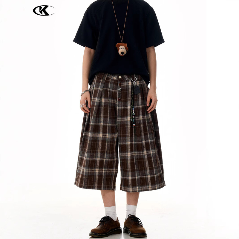 11KN American Retro High Street Plaid Cropped Pants Trendy Brand Casual Pants for Men and Women All-match Loose Slimming Wide-leg Shorts