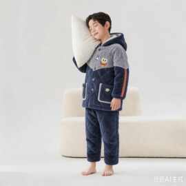 冬季夹棉三层珊瑚绒套装加厚保暖男孩连帽男童家居服（追）