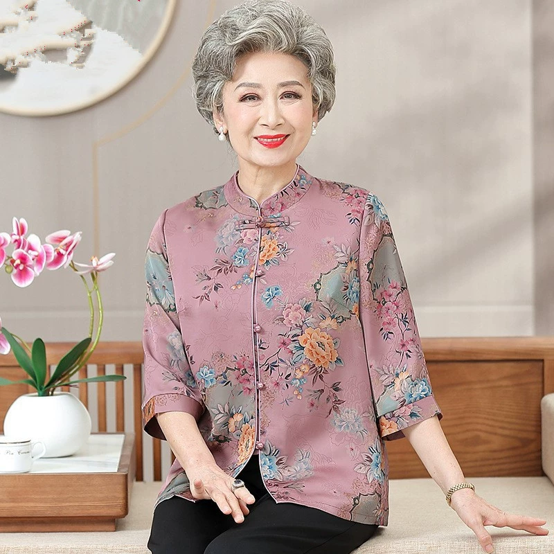 Летняя одежда для пожилых людей, рубашка с рукавами три четверти, костюм Тан для матери, топ, тонкая свободная летняя одежда для пожилых людей