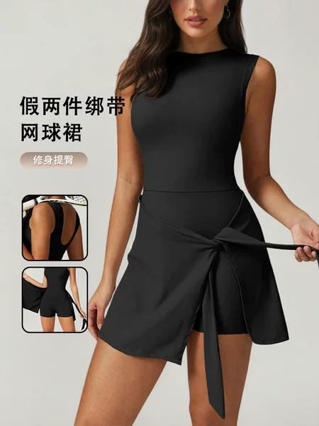 Cross-Border Hot-Selling Strappy Faux Two-Piece Yoga Dress for Women, Slim-Fit, Anti-Exposure Tennis Dress, Fitness Sports Dress