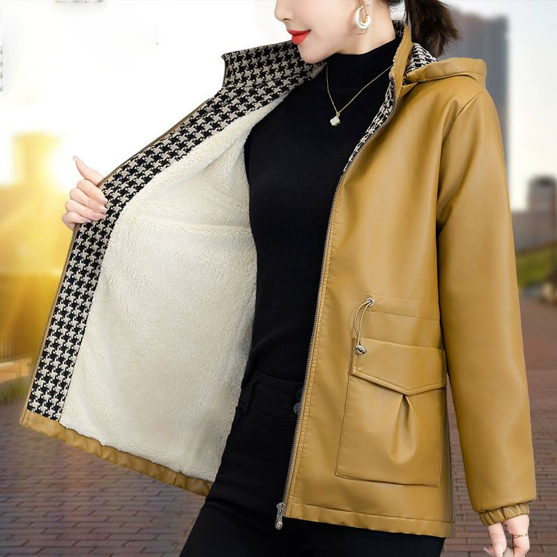 Mid‑length warm winter jacket for plus‑size women, removable hood options, fleece/velvet variants