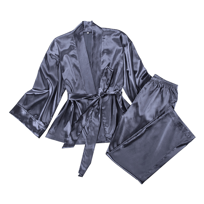Spring Satin Long-sleeved Cardigan Lace-up Nightgown Set Women's European and American Household Loose Pants Pajamas Set 2024