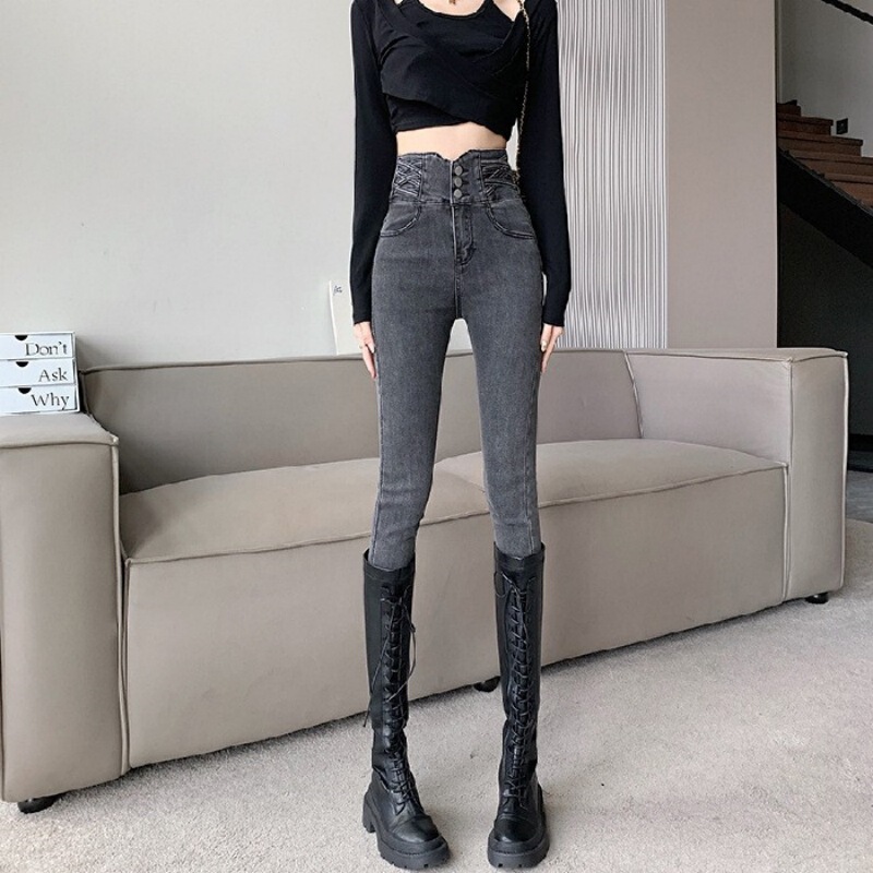 Women's High-Waisted Black Skinny Jeans for Spring and Autumn, Stretchy, Slim-Fit, Korean Style, Suitable for Pairing with Boots