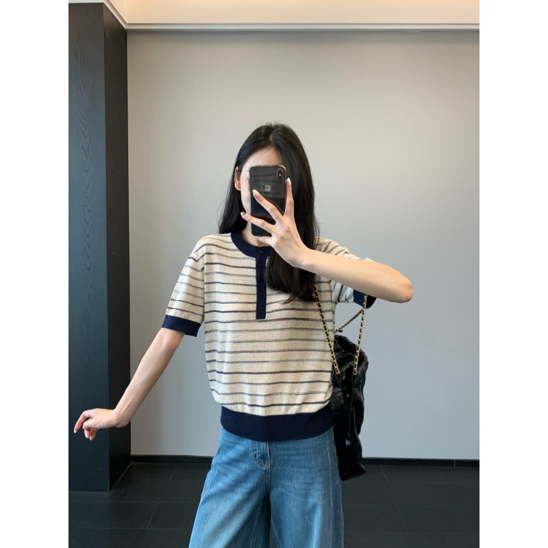 Stripes Lover's Must-Have! Skin-Friendly Breathable Linen Lyocell Slim-Fit Henley Collar Striped Short-Sleeve T-Shirt for Women Summer H052723