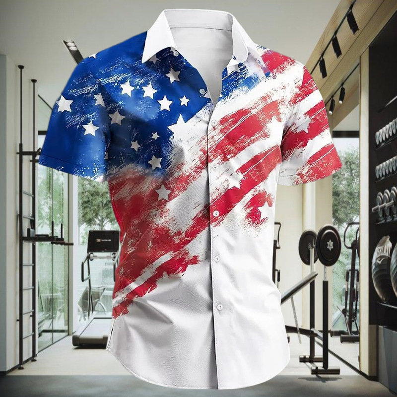 Men's Casual Short-Sleeved Shirt with Star Print, Turn-Down Collar Design, Independence Day Theme, Outdoor Style, Street Fashion