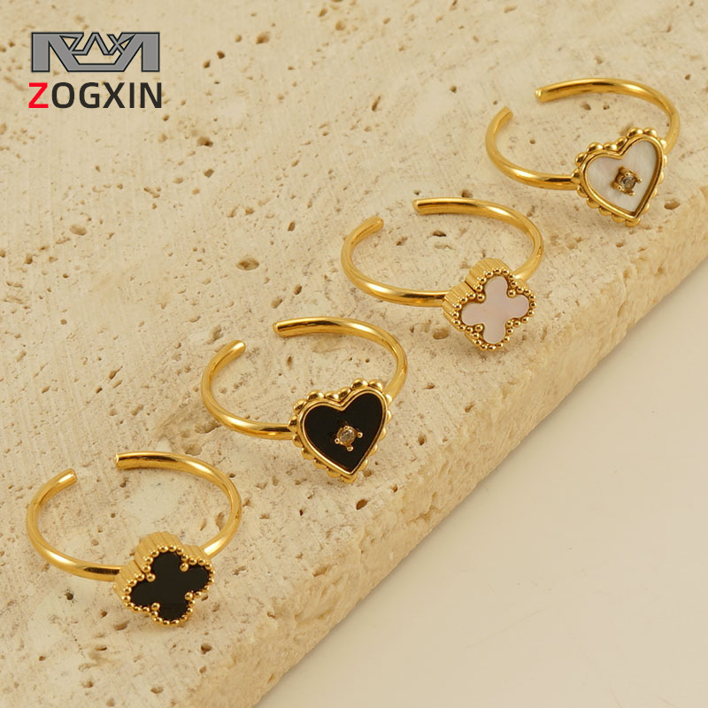 Heart-Shaped Stainless Steel Open Ring for Women, Niche Four-Leaf Clover Titanium Steel Love-Shaped Pattern Adjustable Ring Jewelry