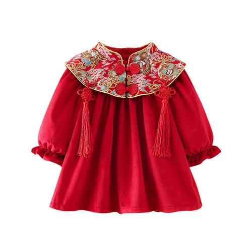 Lini 23 Winter New Girls' Dress Chinese Style Hanfu Children Fleece New Year Dress Qipao Formal Dress Skirt