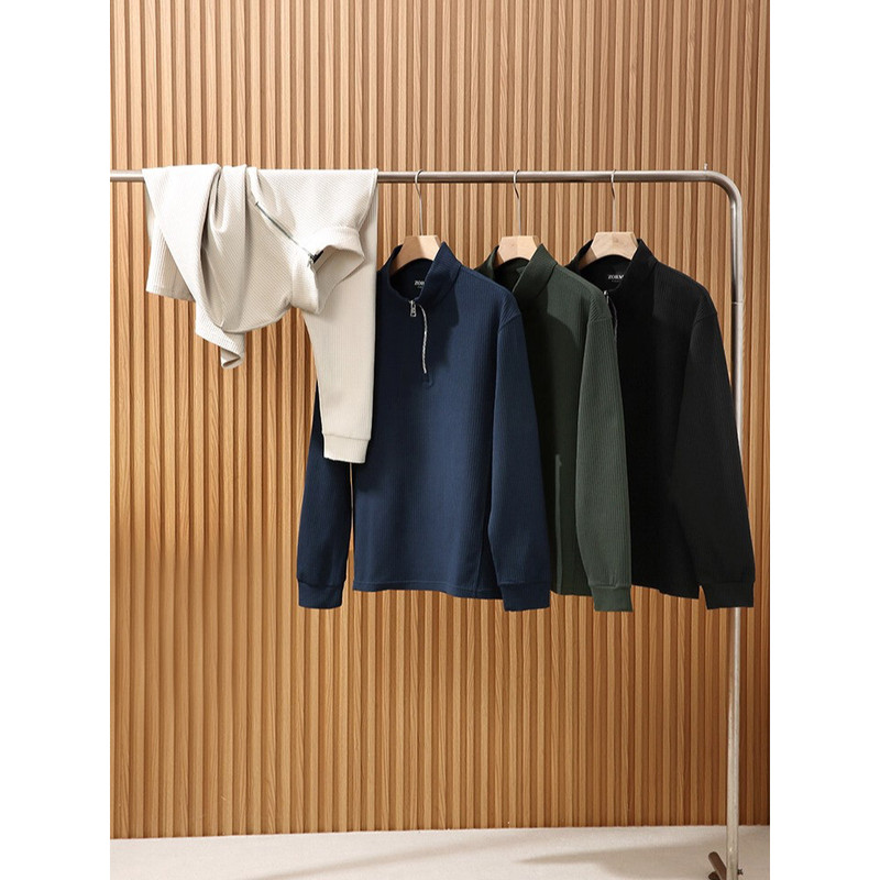 Affordable alternative to waffle knit, lightweight, three-dimensional texture, breathable, autumn and winter outdoor half-zip long-sleeve base shirt for men, trendy