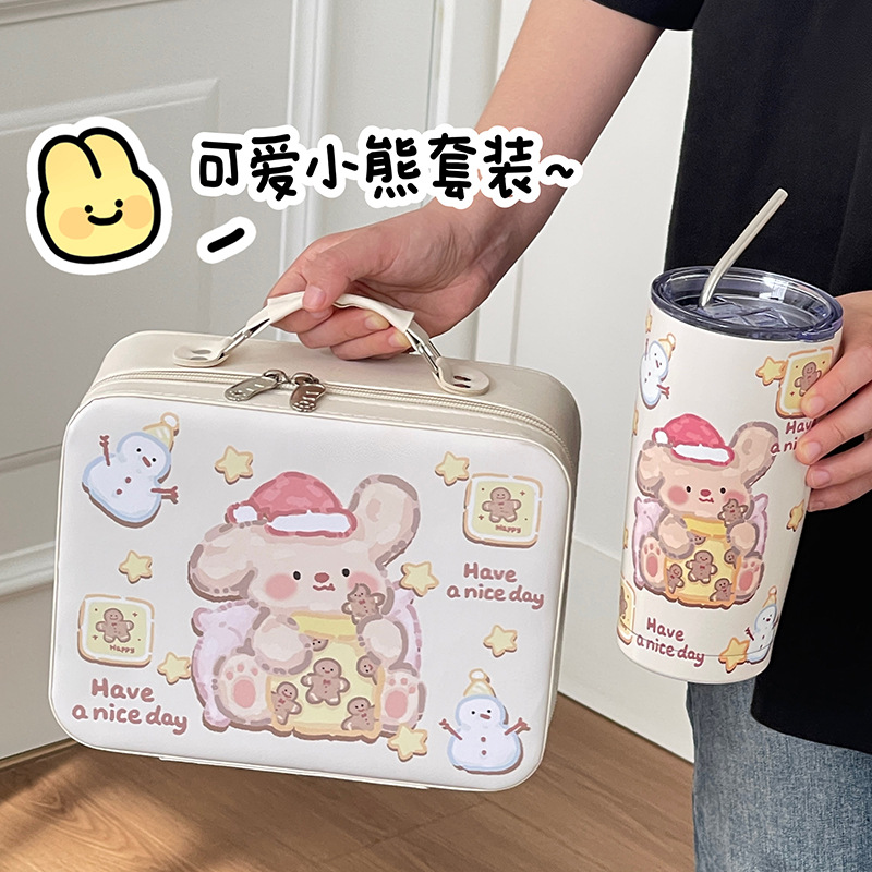 Caja de maquillaje de dibujos animados de alto valor facial portátil de gran capacidad para productos de cuidado de la piel caja de almacenamiento de acabado de cuero pu maleta de almacenamiento