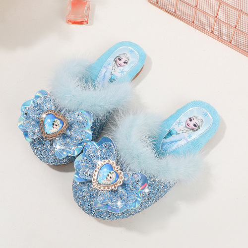 Children's winter plush mop, fashionable new girl's Elsa Princess fashionable home flat heel Baotou warm cotton mop