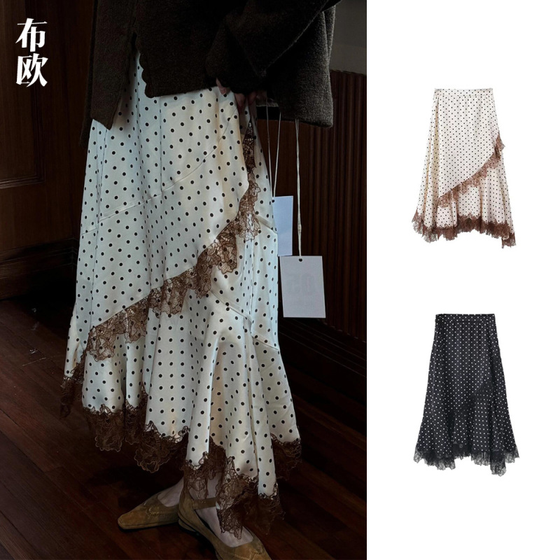 [Clearout No Returns or Exchanges] Nanyou Women's Lace Asymmetric Patchwork Long Skirt Polka Dot Skirt for Women