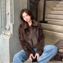 老钱风整皮兔毛皮毛一体外套短款女立翻领2025年秋冬春保暖女装