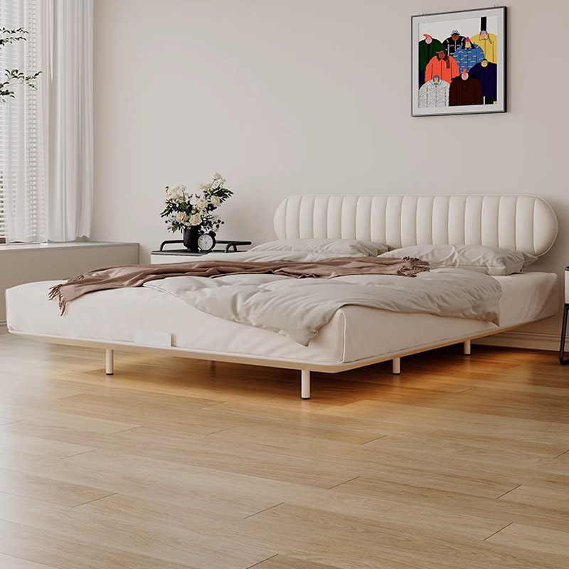 Estilo crema francés, respaldo ultrafino, cabecera, apartamento pequeño, cama de suspensión de acero al carbono, cama de pan de cuero, cama doble simple