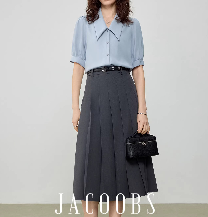 Áo sơ mi nữ cổ nhọn tay ngắn chất liệu chiffon phong cách Pháp — màu đen, xanh lam, màu trắng chi tiết 2