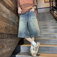 水曜日定休日系复古拼接七分裤男宽松渐变夏季新款牛仔短裤阔腿裤