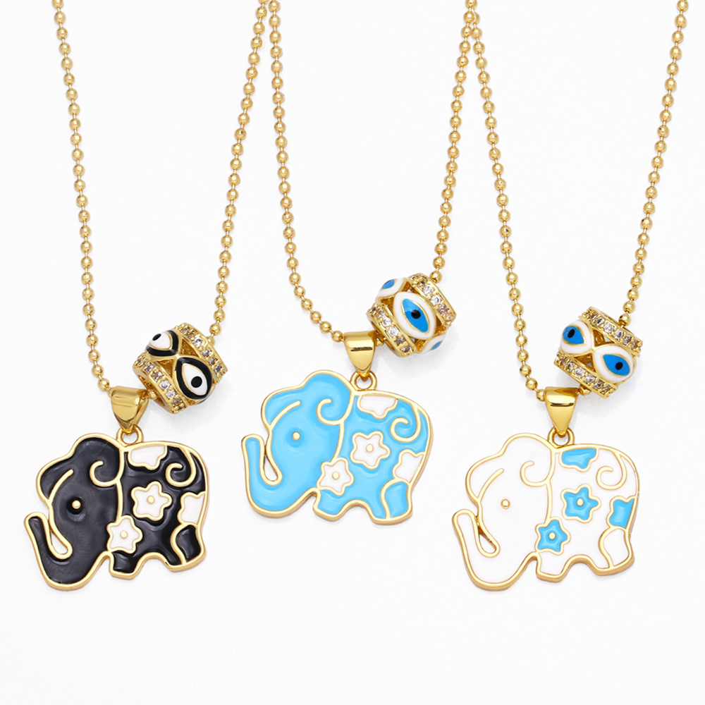 Creative Double Pendant Cute Color Dripping Oil Eye Elephant Copper Necklace Wholesale display picture 1