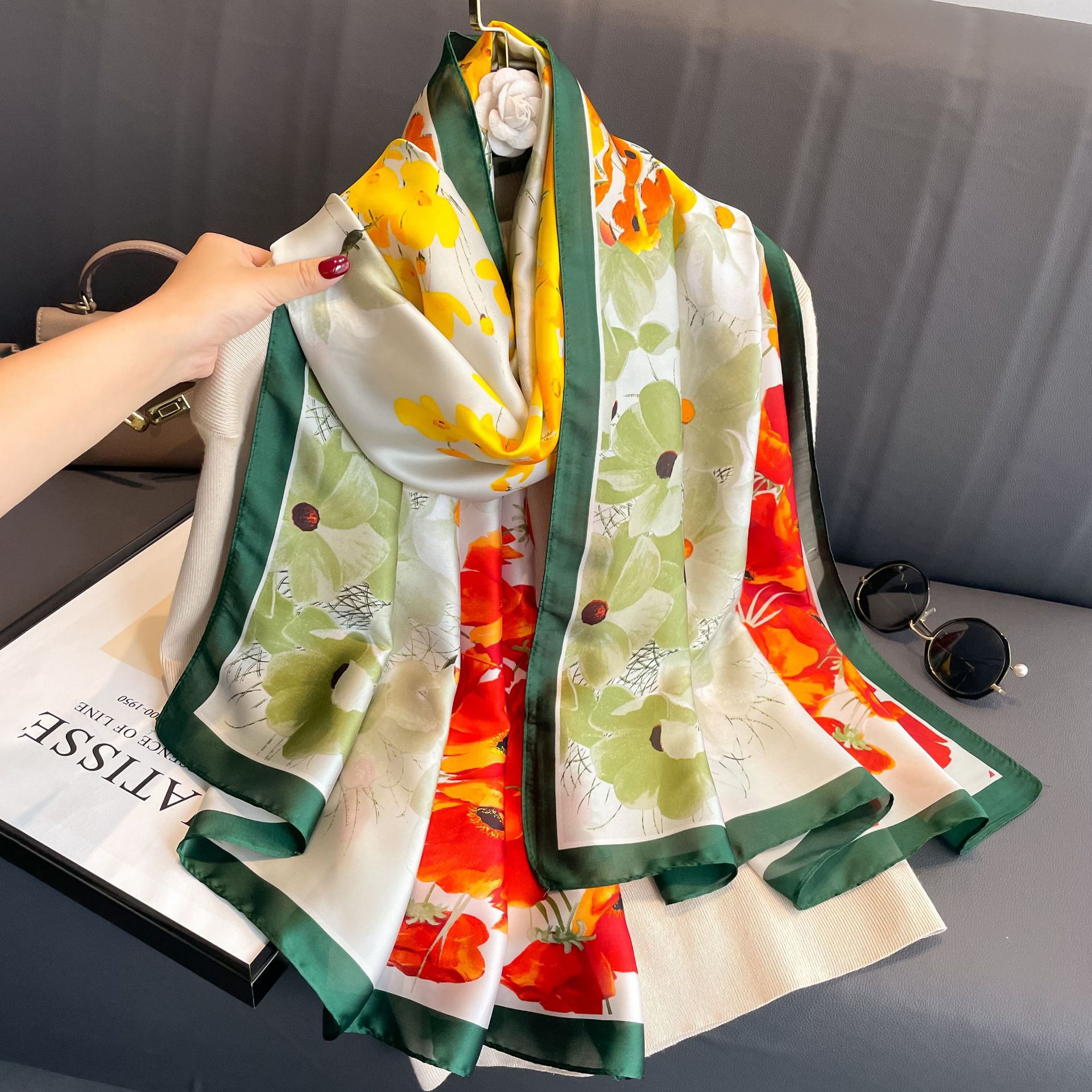 200g Weight Silk Scarf Classification Daily Occasion Women's Sweet Flower Brocade Satin Printing Silk Scarf