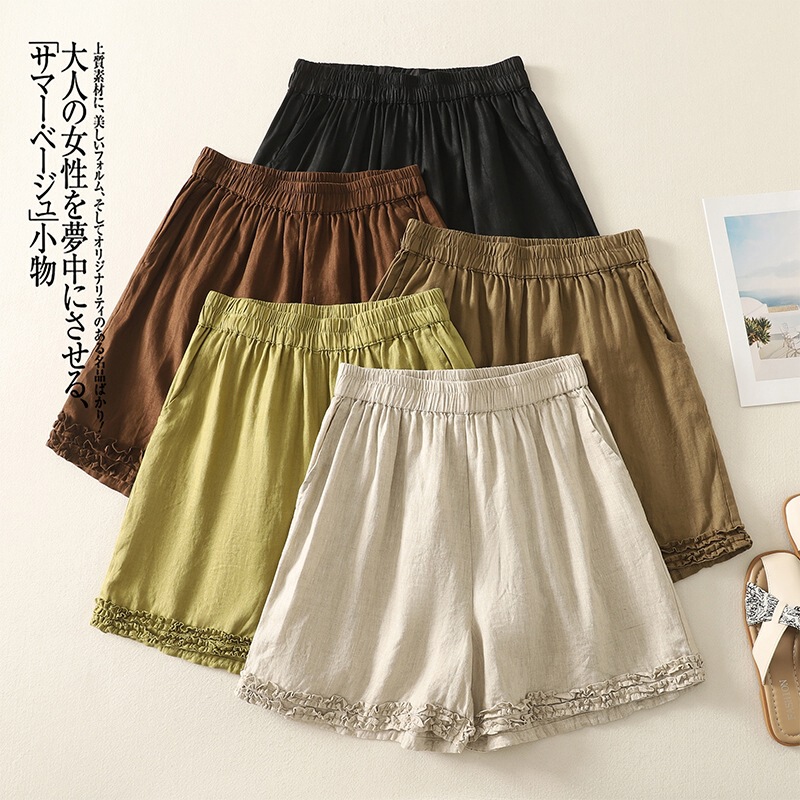 Actual Shot of 2025 Summer New Style Ruffled Wide-Leg Shorts for Women, European Versatile Casual Straight A-Line Pants