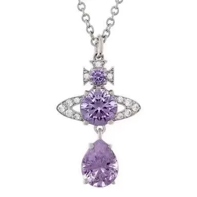 Pendant Necklace (Vivienne) Queen Mother Saturn design, pink crystal teardrop, clavicle chain