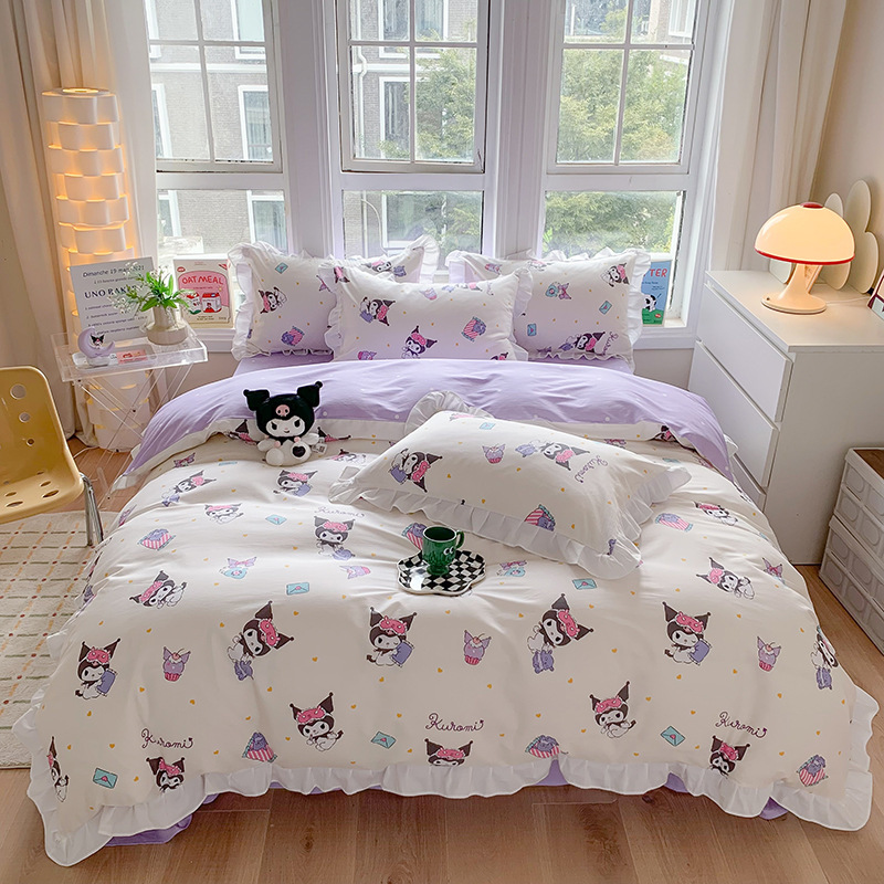 三丽鸥纯棉花边款四件套全棉公主风卡通HelloKitty床单被套床裙款|undefined