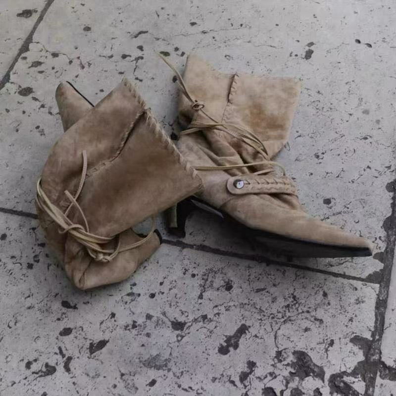 2025秋冬波西米亚方头气质堆堆靴女小众设计感交叉绑带粗跟西部靴