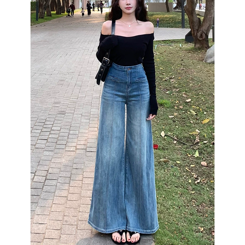 Большие брюки с высокой талией широкие ножки джинсы женский 2025 весенний расслабление рыхлые повседневные брюки для поездок на работу