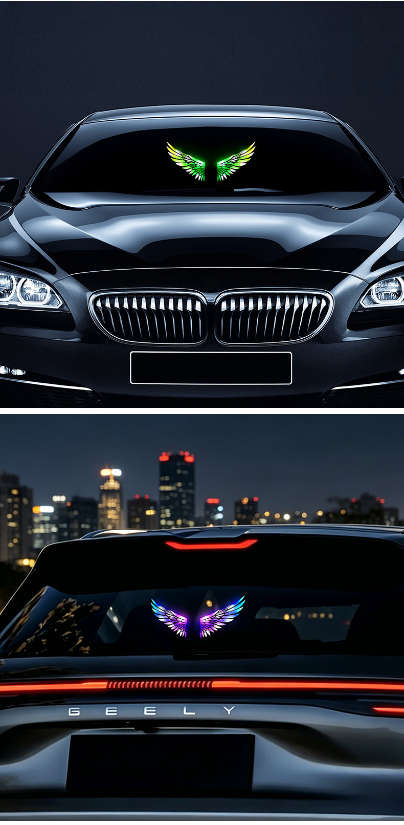 LED solar-powered angel wing car interior ambient lighting, offering a high-end aesthetic with no wiring required and featuring dazzling, dynamic colors