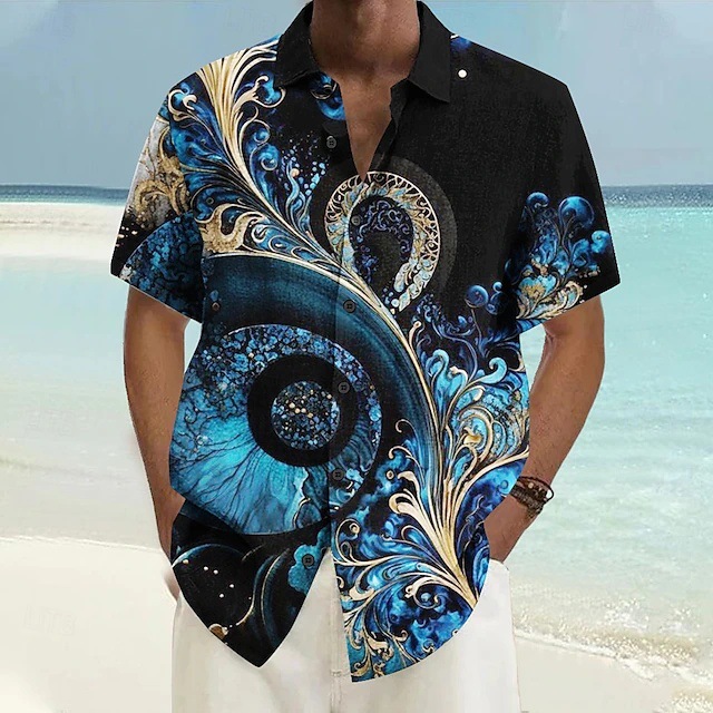 Camisa de manga corta con botones de manga corta de hombro suelto ancho de verano para hombre con estampado 3D tallado en metal floral colorido