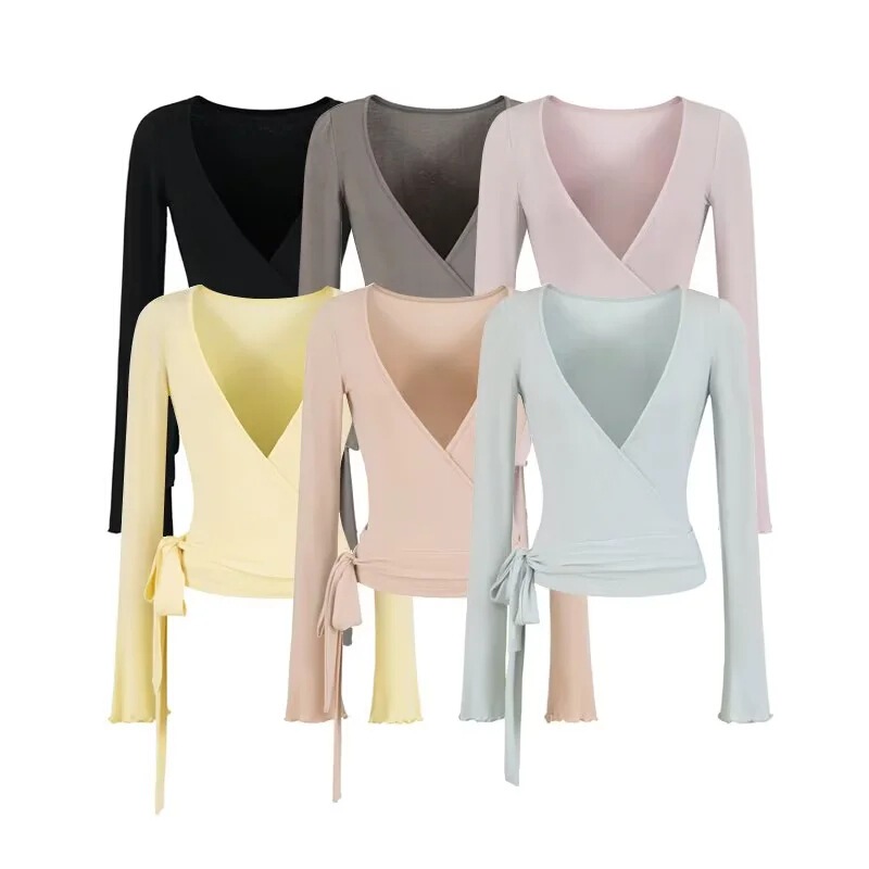 Ballet-Style Deep V-Neck Slightly See-Through Cross-Tie Cardigan for Women, New Spring and Autumn Solid Color Cropped Long-Sleeve Short T-Shirt Ballet-Style Deep V-Neck Slightly See-Through Cross-Tie Cardigan for Women, New Spring and Autumn Solid Color Cropped Long-Sleeve Short T-Shirt