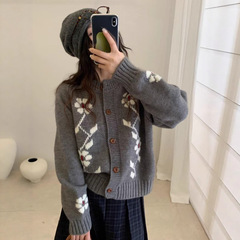 韩系复古花朵圆领针织开衫女秋冬新款少女甜美宽松百搭毛衣外套潮