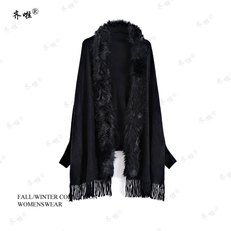 Manufacturer of European and American Autumn and Winter Faux Fox Fur Collar Knitted Cape Shawl Tassel Cardigan Loose-Fitting Sleeved Plus-Size Cape for Women Manufacturer of European and American Autumn and Winter Faux Fox Fur Collar Knitted Cape Shawl Tassel Cardigan Loose-Fitting Sleeved Plus-Size Cape for Women
