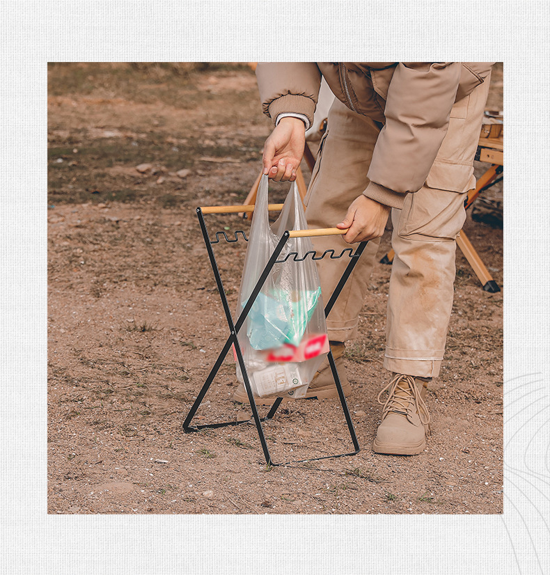 Outdoor portable wooden handle folding garbage rack, household kitchen, picnic, barbecue, plastic bag holder_voghion.com