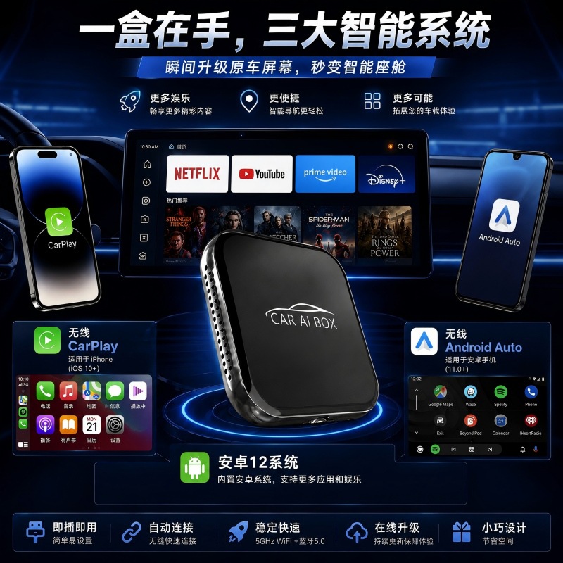 Cross-Border Three-In-One Car Connectivity Box Converts Wired to Wireless Carplay Box to Android Auto Android Box