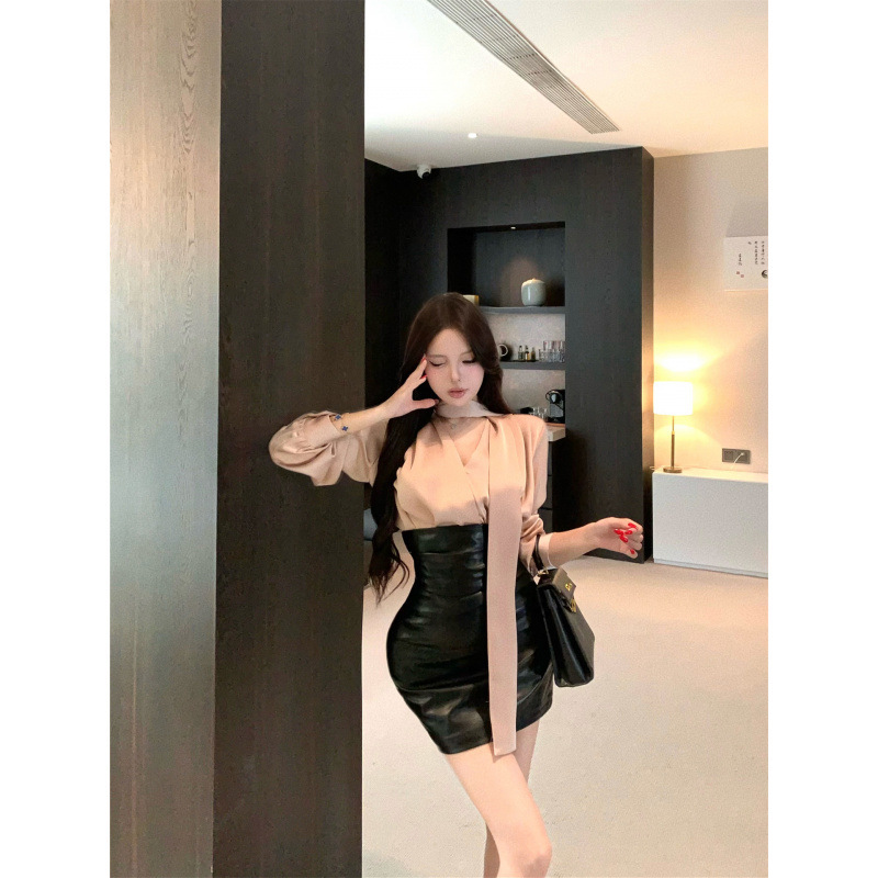 Early Autumn New Style Pure Lust Satin Royal Sister Shirt, Women's Leather Short Skirt, Hot Girl Hip-Hugging Dress Two-Piece Set for Women Early Autumn New Style Pure Lust Satin Royal Sister Shirt, Women's Leather Short Skirt, Hot Girl Hip-Hugging Dress Two-Piece Set for Women