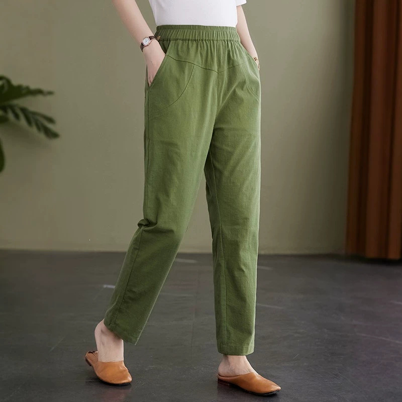 2026 Summer New Plus Size Women's Pants, Thin High-Waisted Cotton-Linen Cropped Pants, Loose Slimming Casual Trousers for Plus-Size Women
