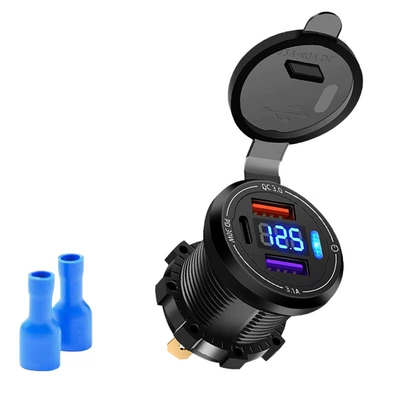 New Waterproof Motorcycle Modified Dual Mobil şarj cihazları - three-port-fast-charging-digital-display-independent-switch-blue-set