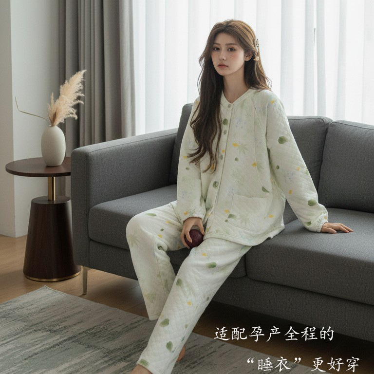 Air Cotton Maternity Clothes for Spring, Autumn and Winter, New Thickened Pajamas for Women, Three-Layer Quilted Maternity Warm Home Clothes That Can Be Worn Outside