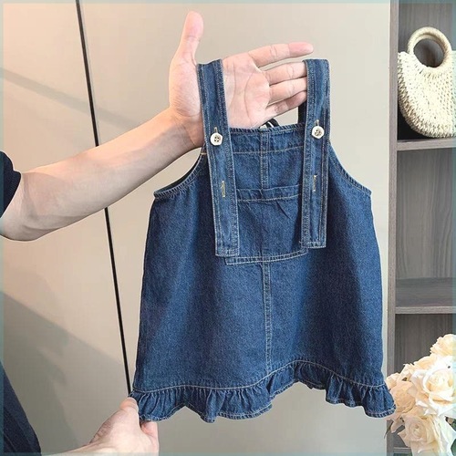 Girls' denim overalls 2025 summer thin denim skirt set for little girls trendy