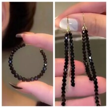 抖音同款轻奢时尚简约小众黑色串珠流苏耳线ins冷淡风耳环耳饰