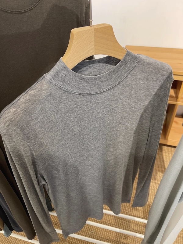 テンセルウールマスクTシャツレディース初秋薄手長袖右肩トップス白インナーハーフタートルネックボトリングシャツ|undefined