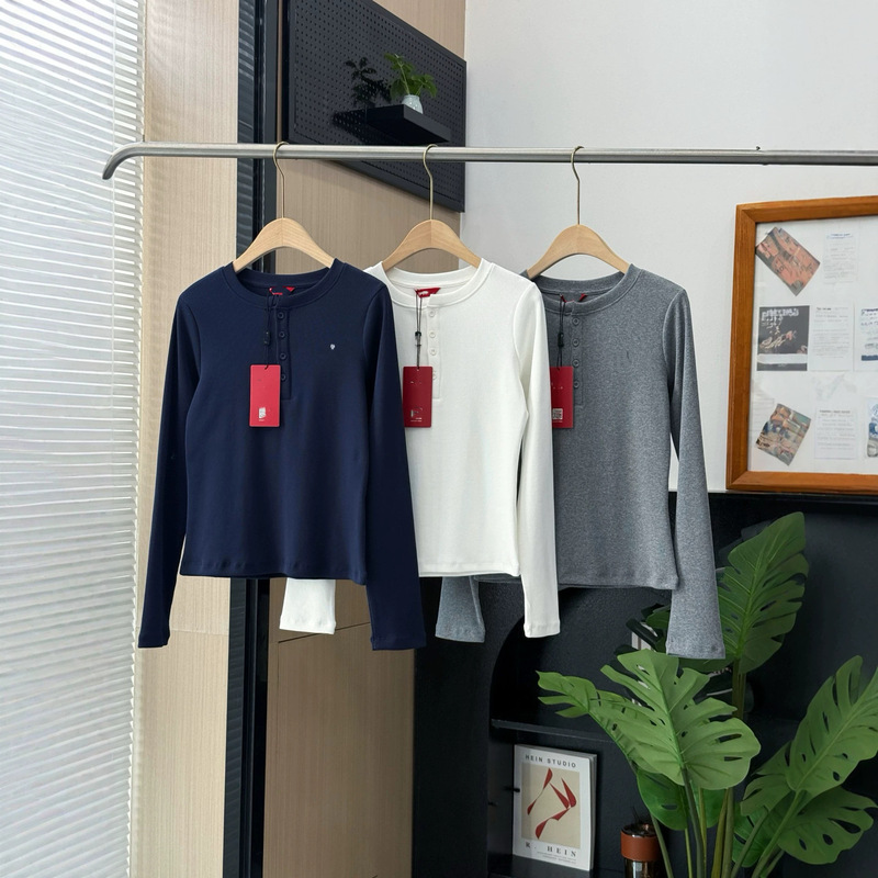 2026 Bi Jia Autumn New Style Women's Slim Fit Long Sleeve T-Shirt with Front Half-Open Design, Fashionable Ribbed Design