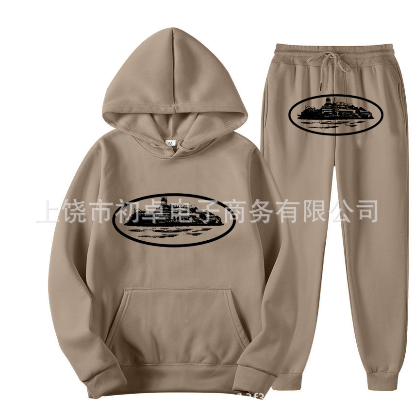 Europeo y americano clint419 diablo prisión patrón hombres y mujeres mismo suéter traje impreso con capucha conjunto de dos piezas al por mayor