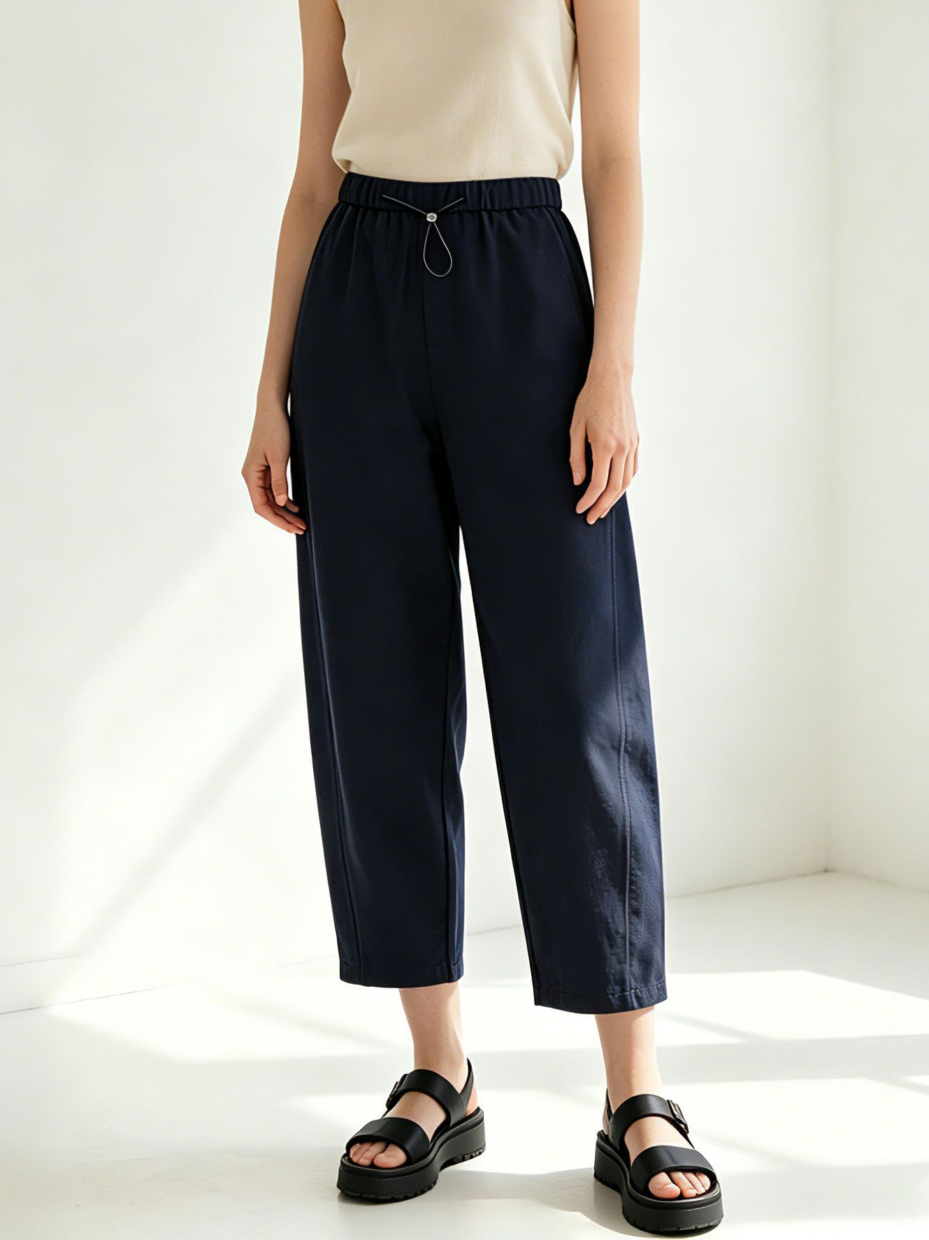 Quần culottes nữ ống rộng cạp chun rút dây dáng lười — Xanh lông mòng đen