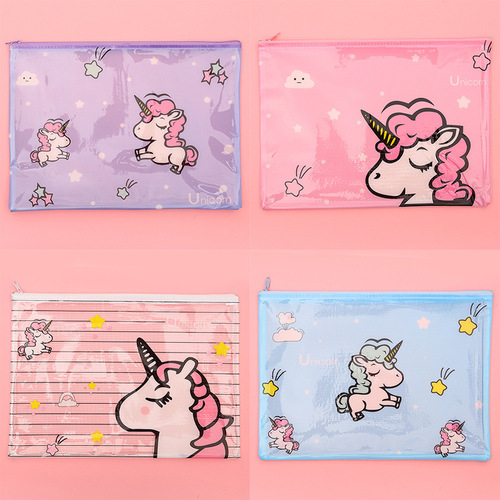 Han Cai Stationery Wholesale Unicorn Grid Bag A4 Cherry Blossom Rabbit File Bag A5 Transparent Zipper Bag B6 Storage Bag
