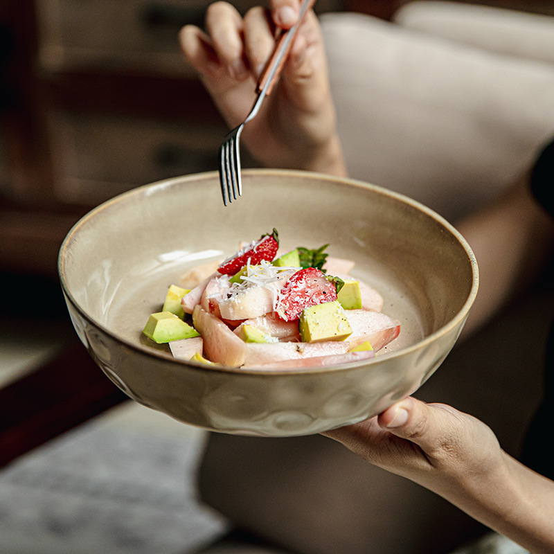 Plato de plato grande con patrón de agua retro Plato profundo de 8 pulgadas Plato de sopa de cerámica grande Exportación transfronteriza Plato de cocina de alto valor para restaurantes