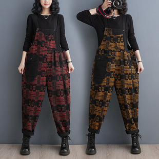 Spring 2024 New Western style loose large pocket retro plaid Denim suspender pants women's fashion jumpsuit