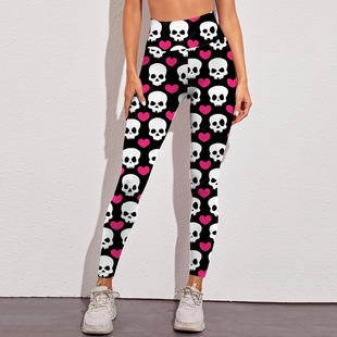 Cross-border supply factory European and American yoga pants skull 3D digital printing women's high waist yoga pants sports tights