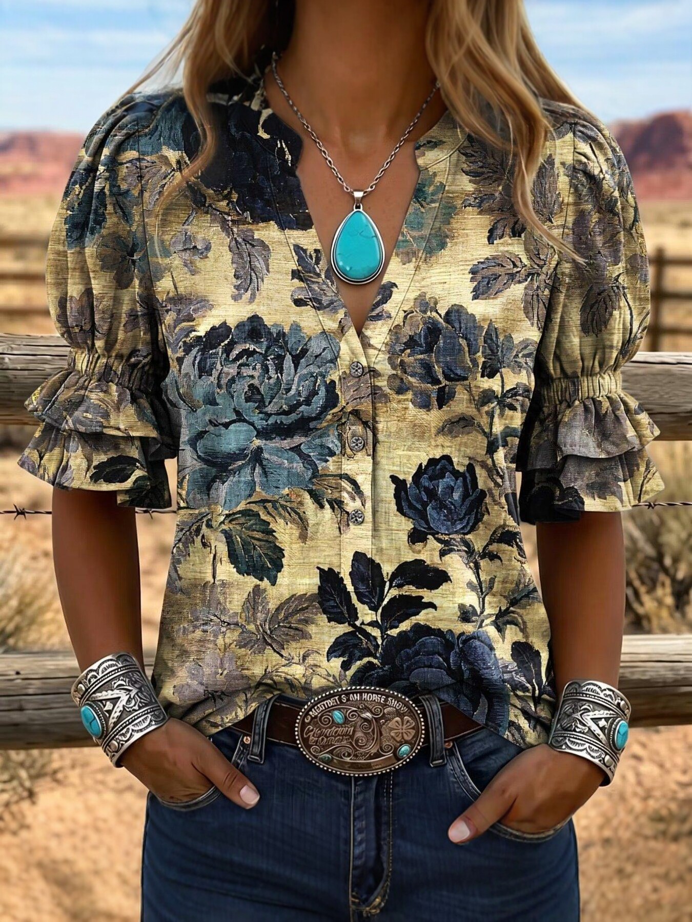 Transfronterizo exclusivo para camisas de impresión vintage mujeres sueltas de cuello en V de manga corta chaqueta bohemiana Europa y América nuevo transfronterizo image 3