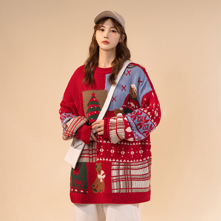 Explosiones transfronterizas de tamaño europeo de tamaño grande empalme camiseta de punto suéter hombre Navidad atmósfera oso otoño invierno fábrica al por mayor